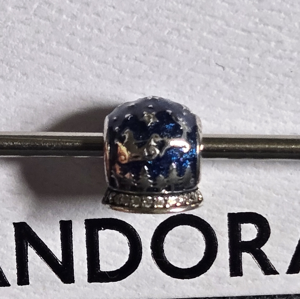 Authentic Pandora Christmas Night Snow Globe Charm Blue Enamel Cubic Zirconia